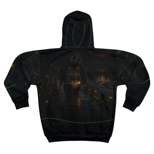 Back view of the Boardwalk by Lantern zip hoodie, with the marsh, fireflies, and boardwalk scene across the panels.