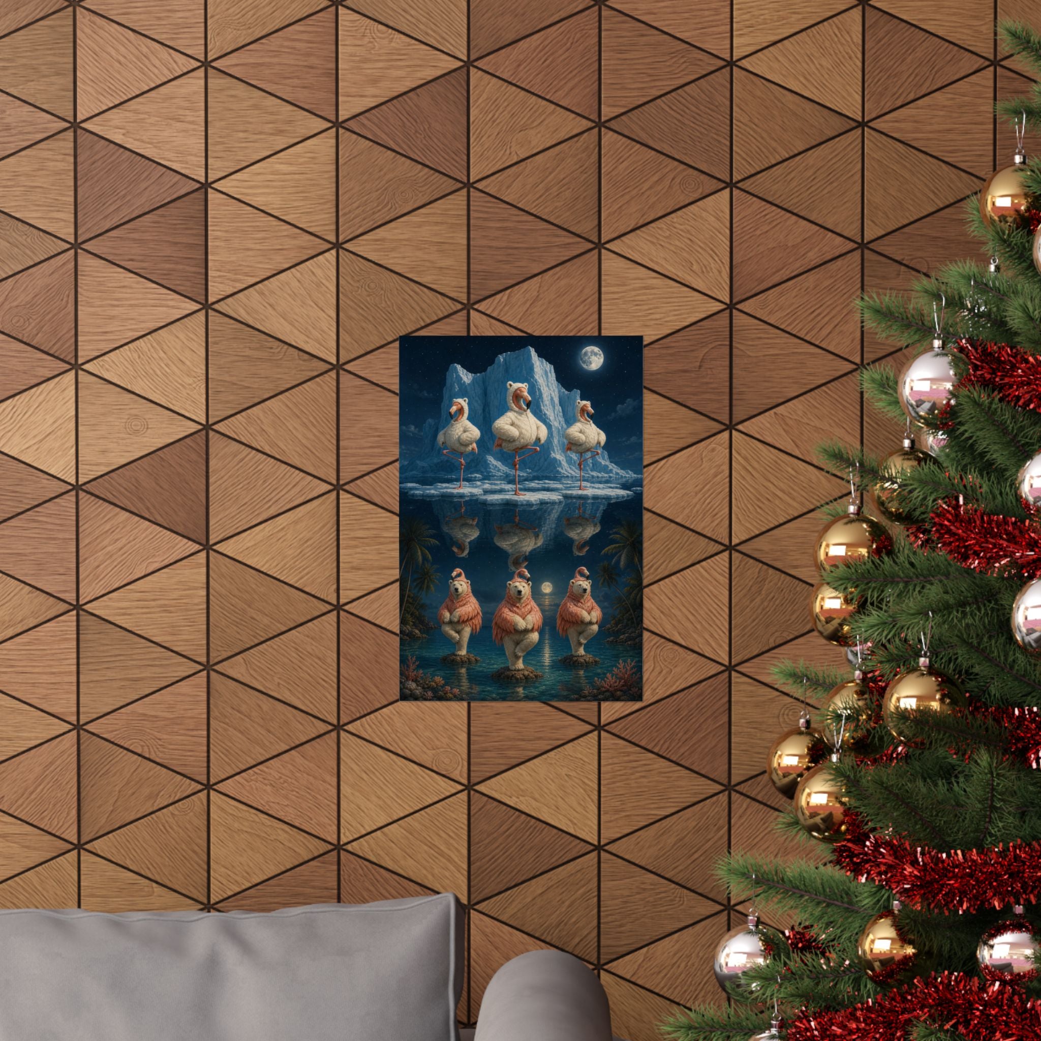 Polar bear and flamingo mirrored poster shown in an interior setting