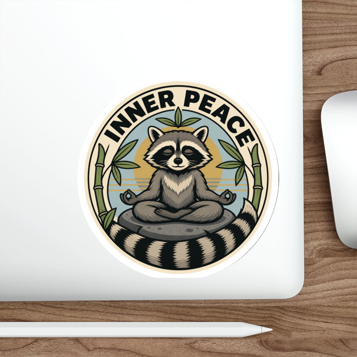 Inner Peace zen raccoon die-cut weatherproof vinyl sticker, Wrong Habitat — additional product view 4