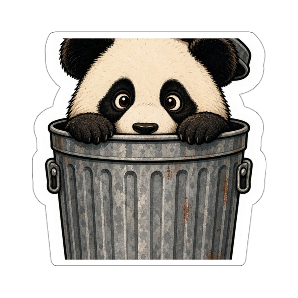 Peeking panda sticker: a small panda looking out of a trash can, die-cut vinyl decal