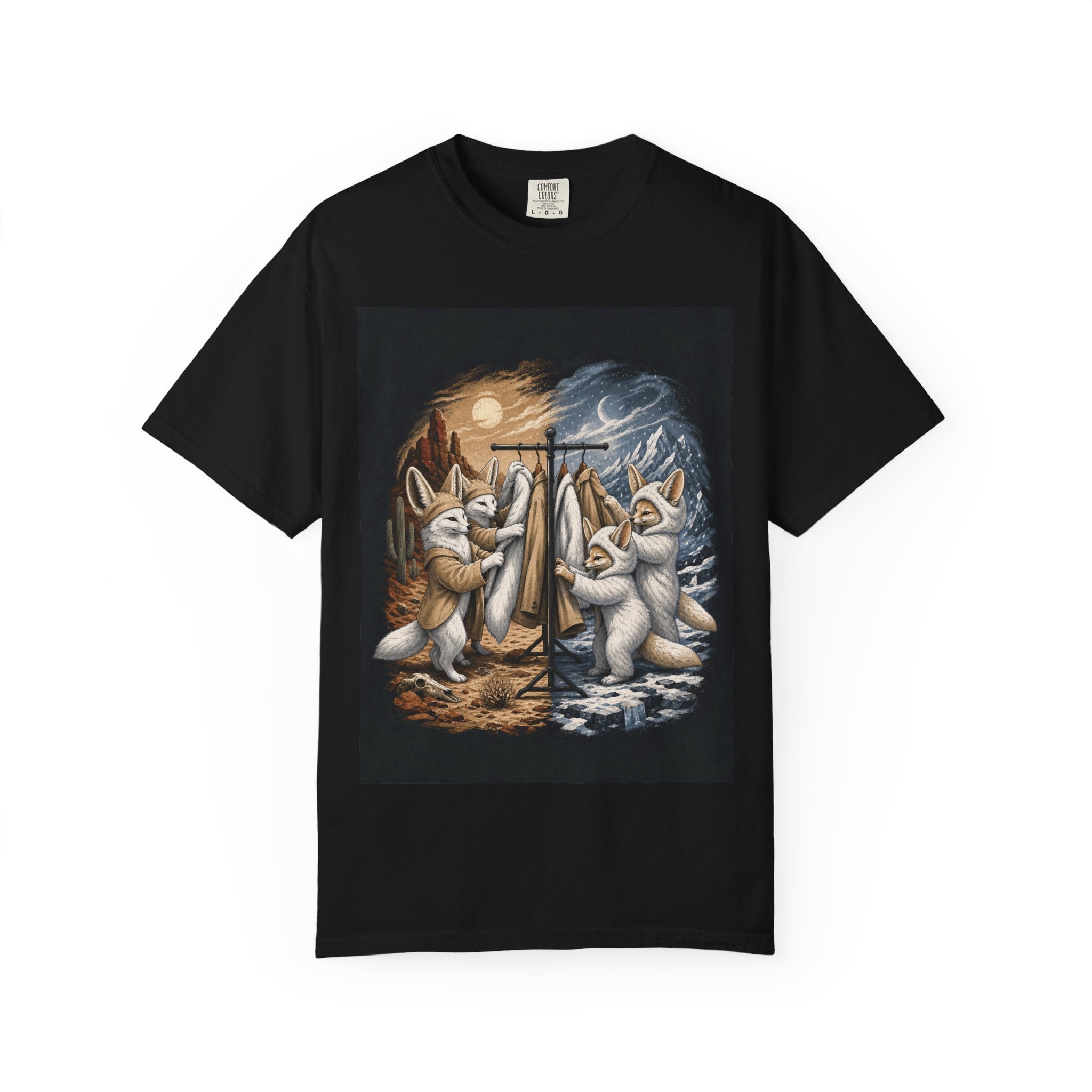 Arctic and fennec fox t-shirt: two foxes trading coats for the wrong climate, black unisex tee