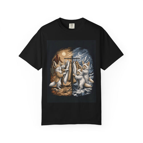Arctic and fennec fox t-shirt: two foxes trading coats for the wrong climate, black unisex tee