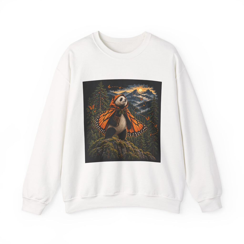 White crewneck sweatshirt printed with a panda wearing orange monarch butterfly wings in a woodland at dusk, Wrong Habitat
