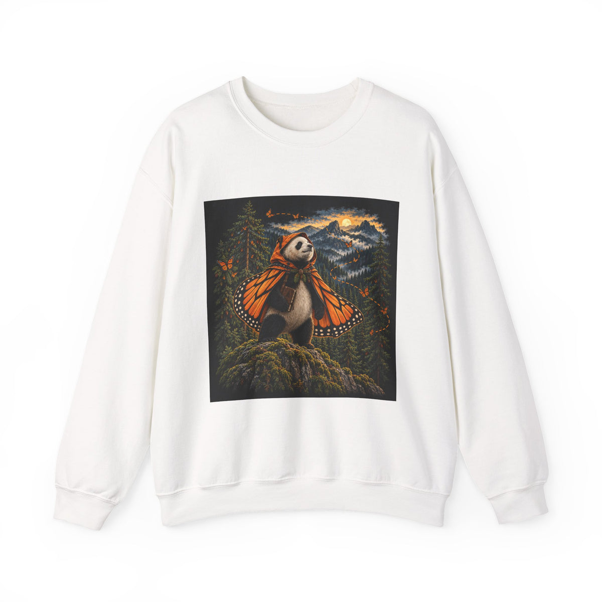 White crewneck sweatshirt printed with a panda wearing orange monarch butterfly wings in a woodland at dusk, Wrong Habitat