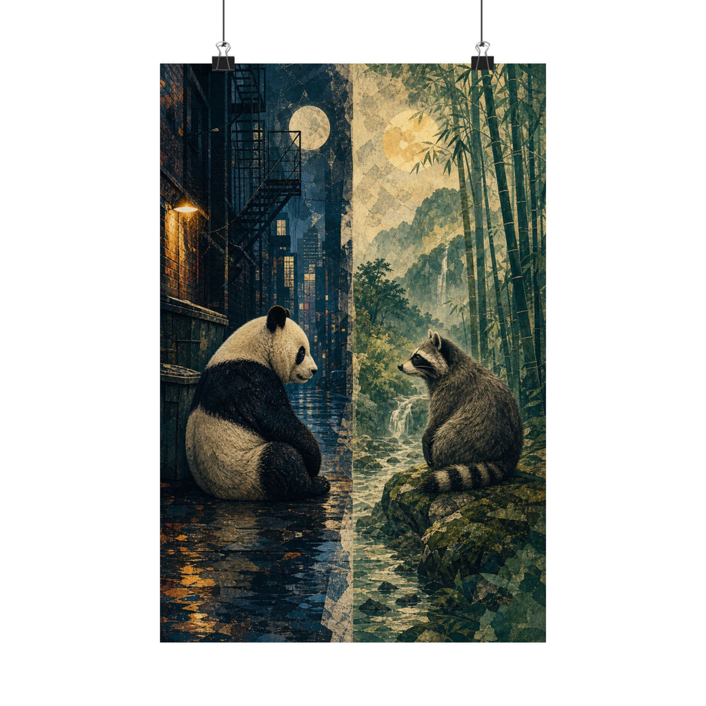 Panda and raccoon art print: a split-panel diptych with a panda in an alley and a raccoon in bamboo