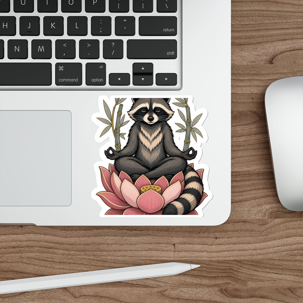 Lotus raccoon meditating die-cut weatherproof vinyl sticker, Wrong Habitat — additional product view 1