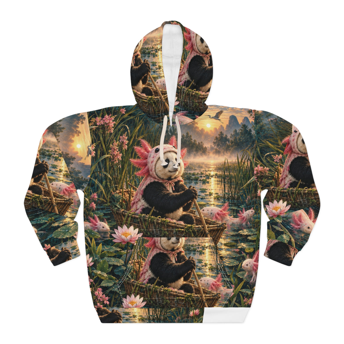 Front view of the Gills Before Bills AOP hoodie, with a panda in an axolotl costume rowing through a sunrise wetland.