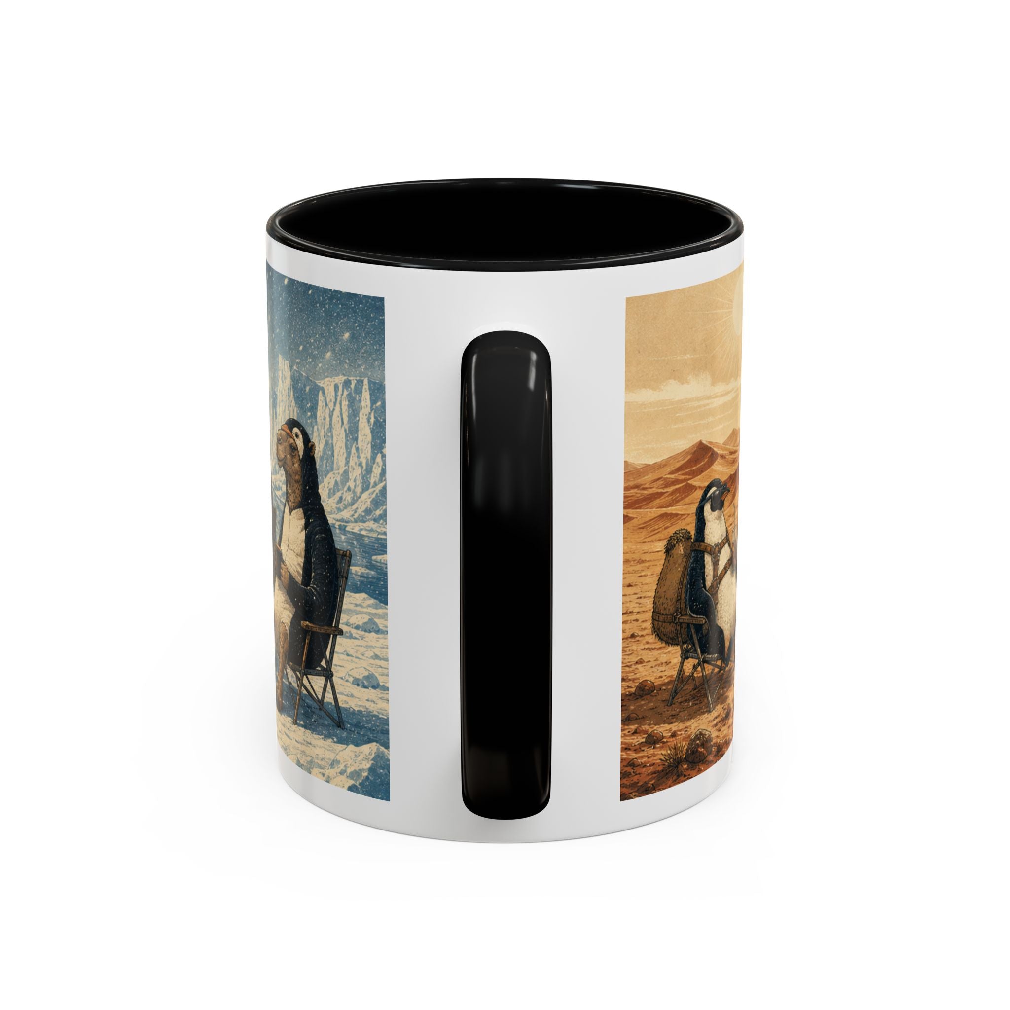 Camel and penguin wraparound print on an 11oz ceramic mug, Wrong Habitat
