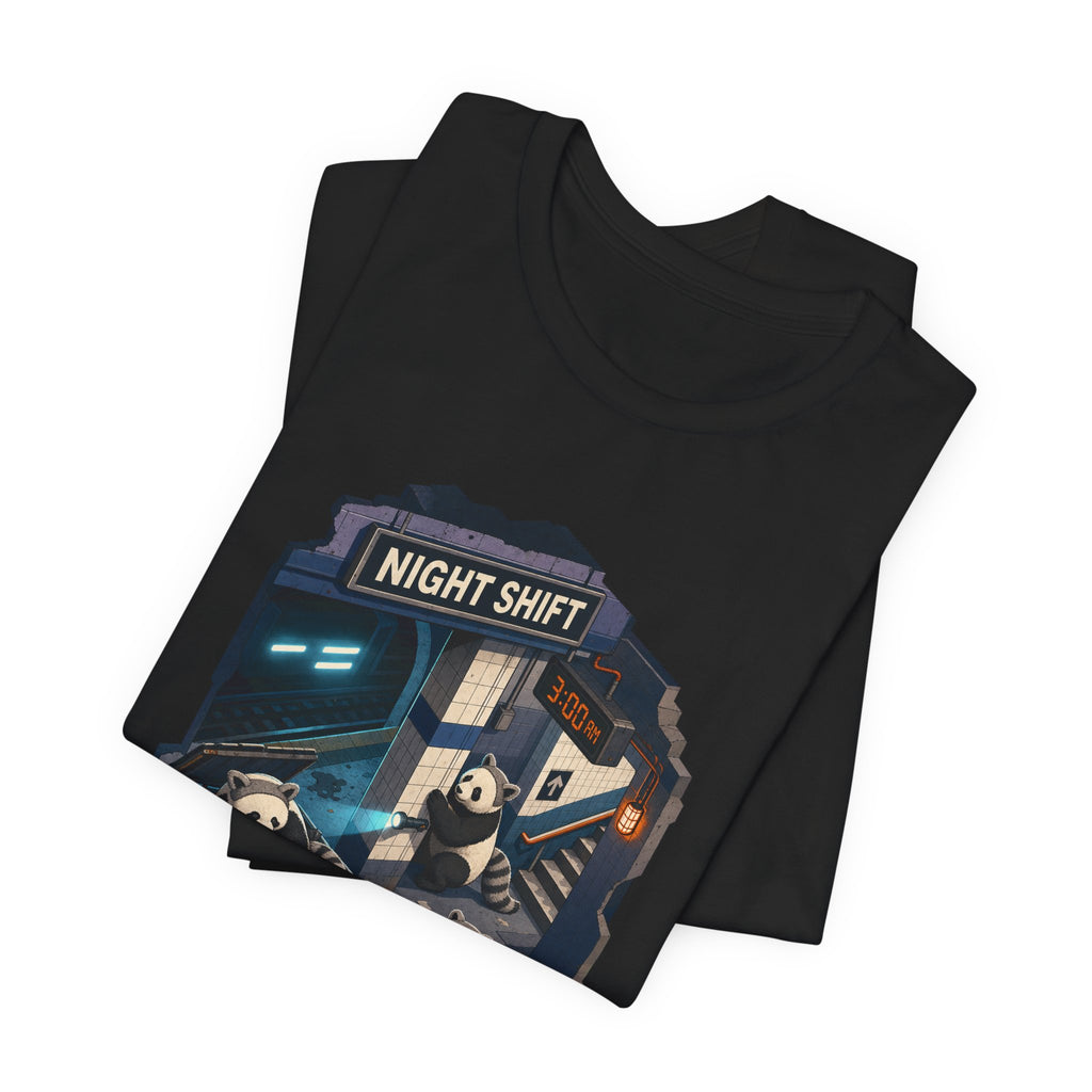 Night shift panda t-shirt design detail: a panda and a toppled subway trash can at night