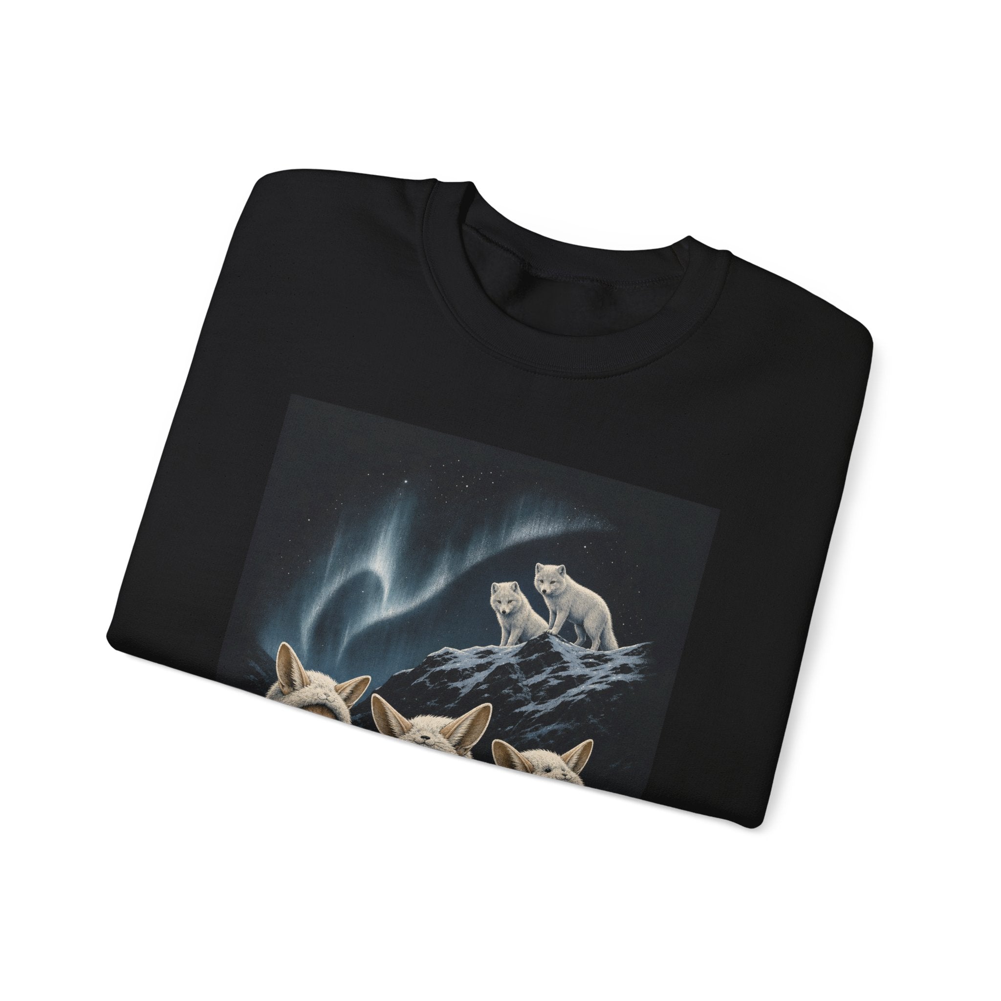 Snow Ears design detail: a fennec fox with oversized ears in falling snow