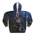 Front view of The Quietest Camera AOP hoodie, with a panda in a saola disguise beside a camera trap in the Annamite forest.