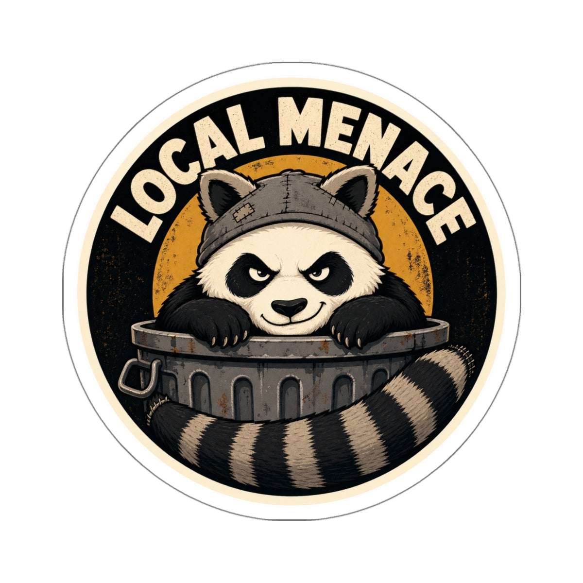 Local Menace badge sticker: a die-cut weatherproof trash panda vinyl decal