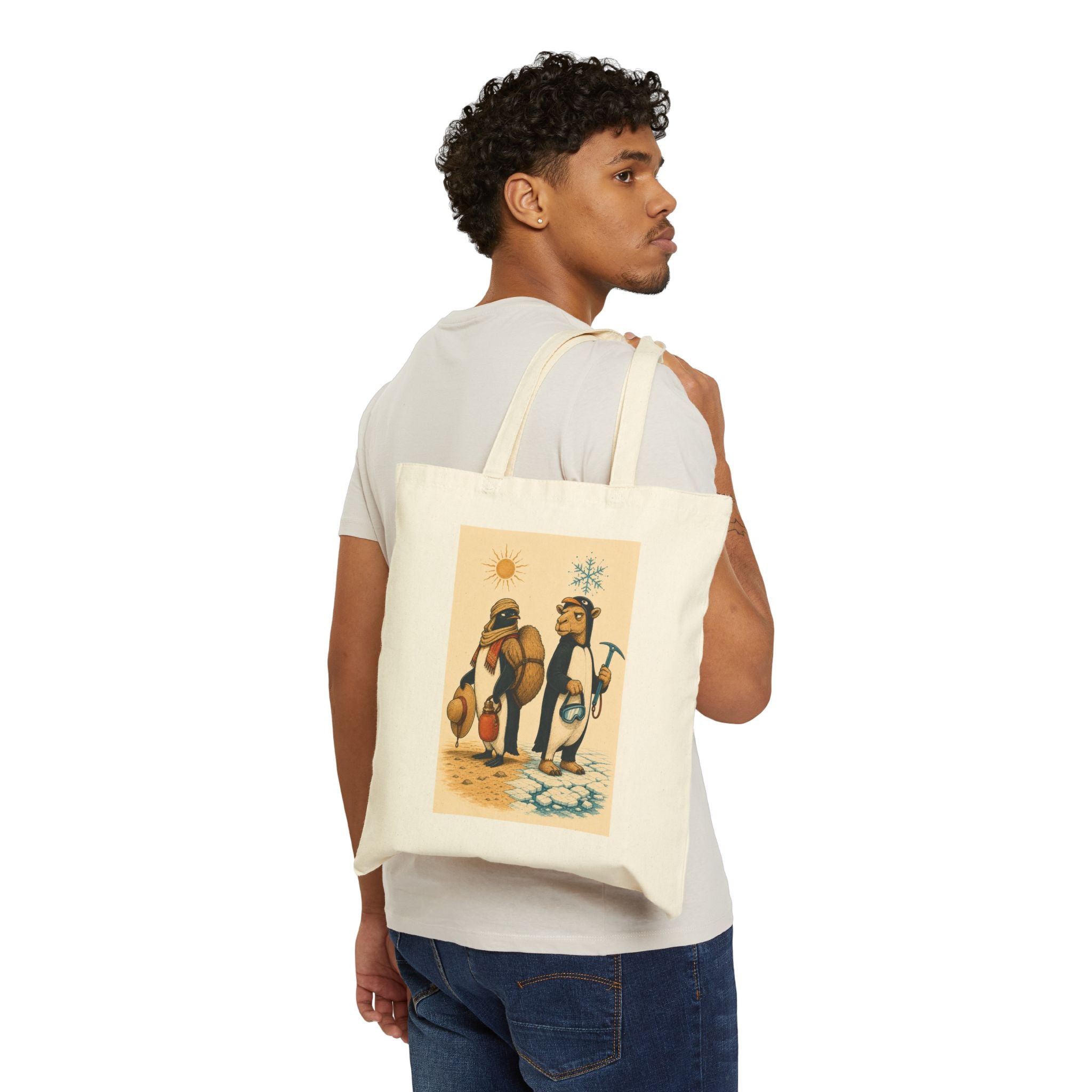 Packed for the Wrong Climate tote design detail: mismatched desert and snow gear