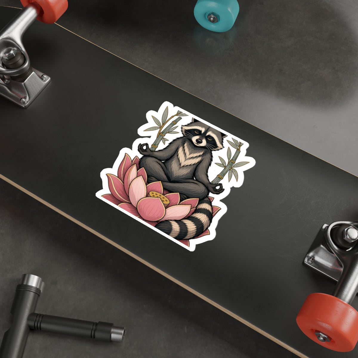 Lotus raccoon meditating die-cut weatherproof vinyl sticker, Wrong Habitat — additional product view 5
