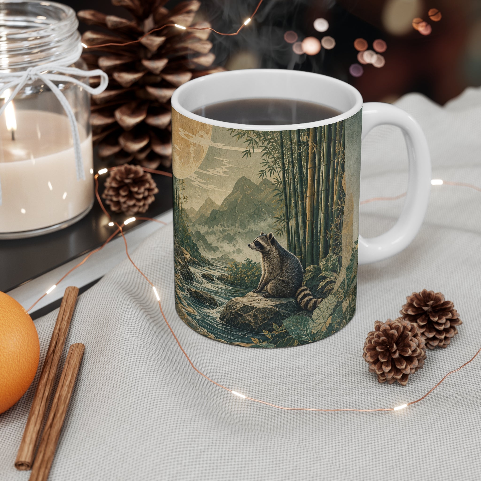 Panda and raccoon 11oz wraparound ceramic mug, Wrong Habitat