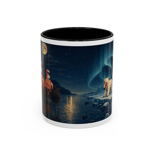 Polar bear and flamingo coffee mug: a moonlit shoreline wraparound on 11oz black ceramic