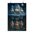 Polar bear and flamingo art print: flamingos in bear suits on ice mirrored by bears in feathers