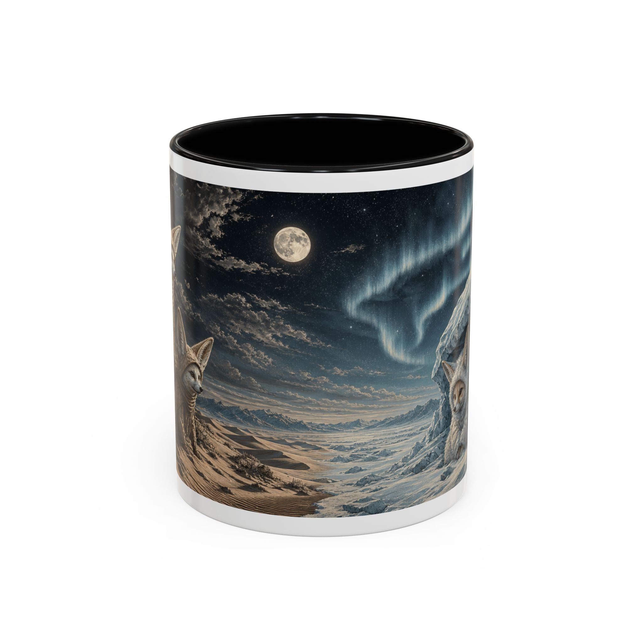 Arctic and fennec fox coffee mug: two nocturnal foxes in swapped climates, 11oz black ceramic