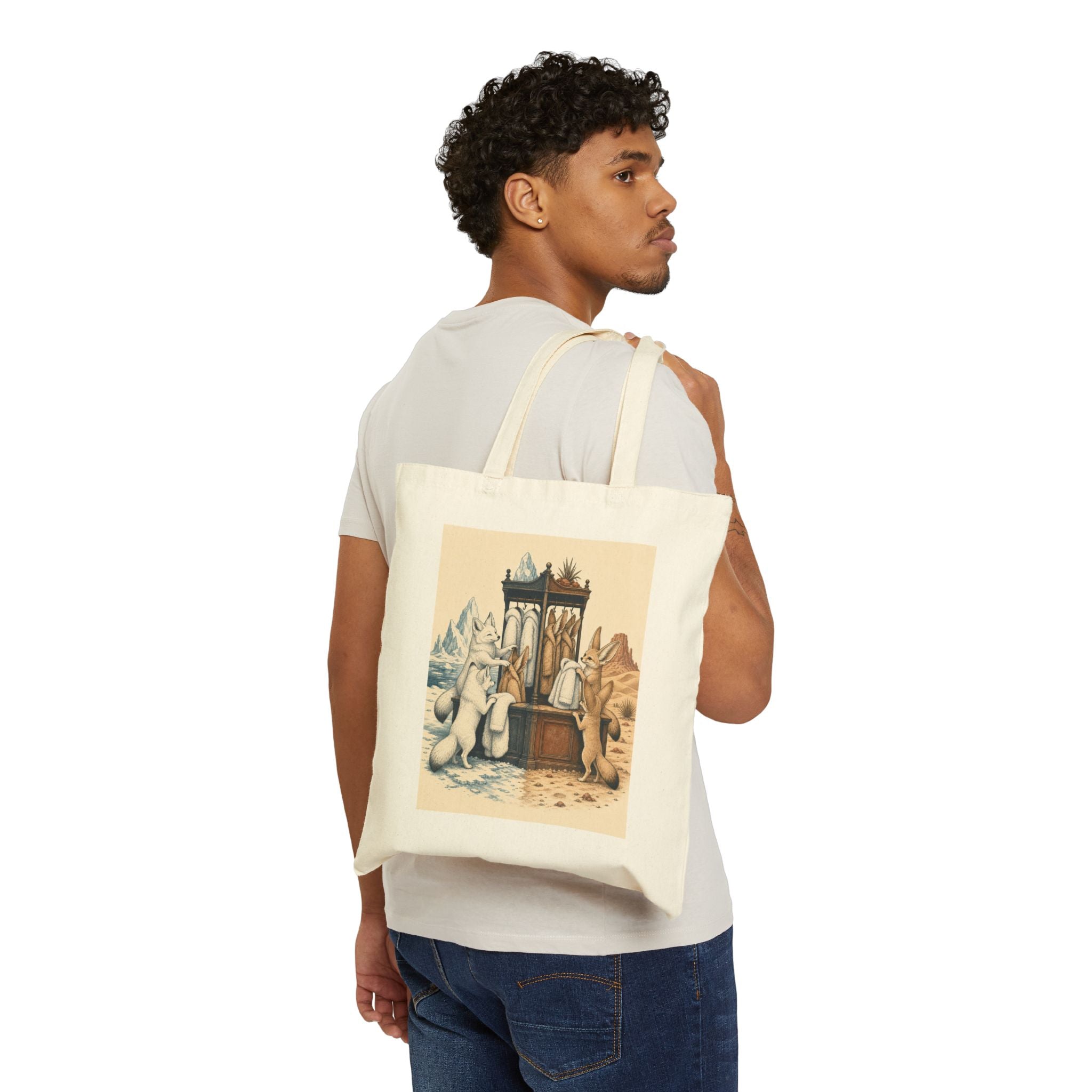 Coat Check tote design detail: arctic and fennec foxes exchanging fur