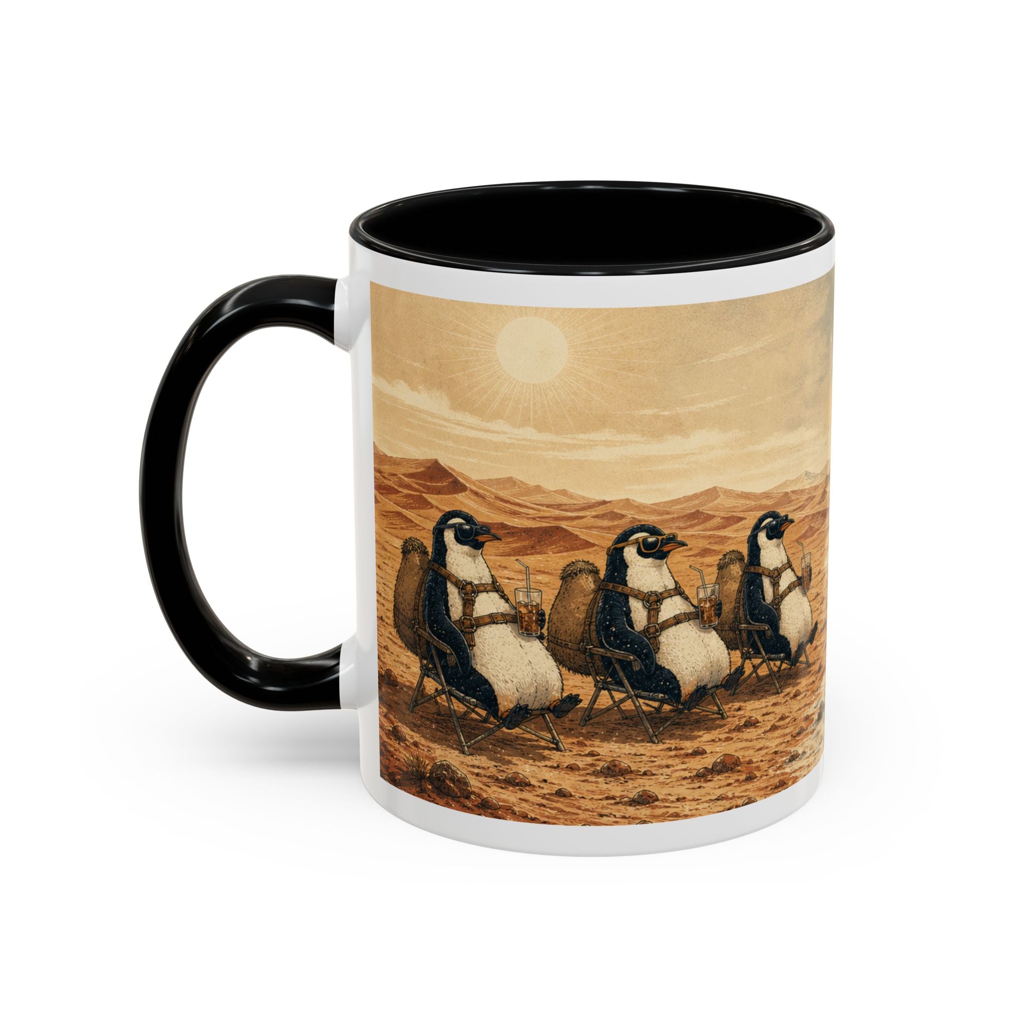 Morning Migration mug design detail: penguins with iced drinks, camels with hot mugs