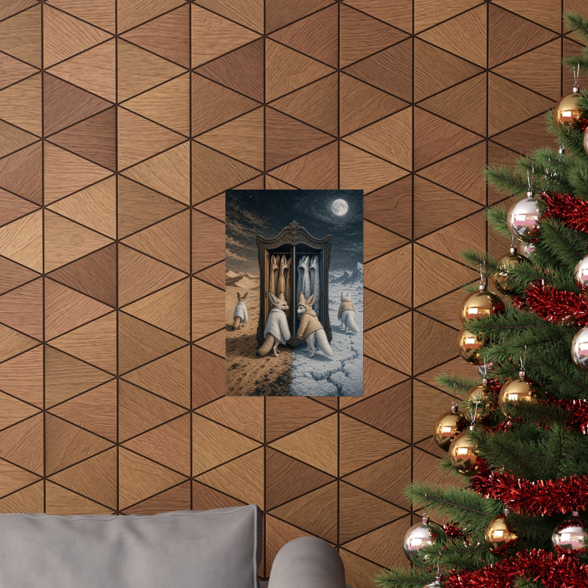 Two foxes in swapped coats poster shown in an interior setting