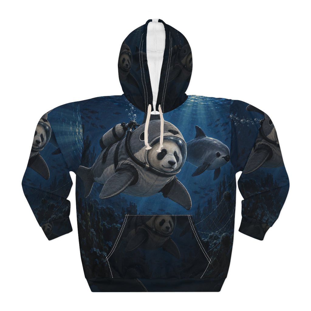 Front of the Zero-Tolerance Tide AOP hoodie, with an underwater panda in a dolphin suit and visible breathing gear.