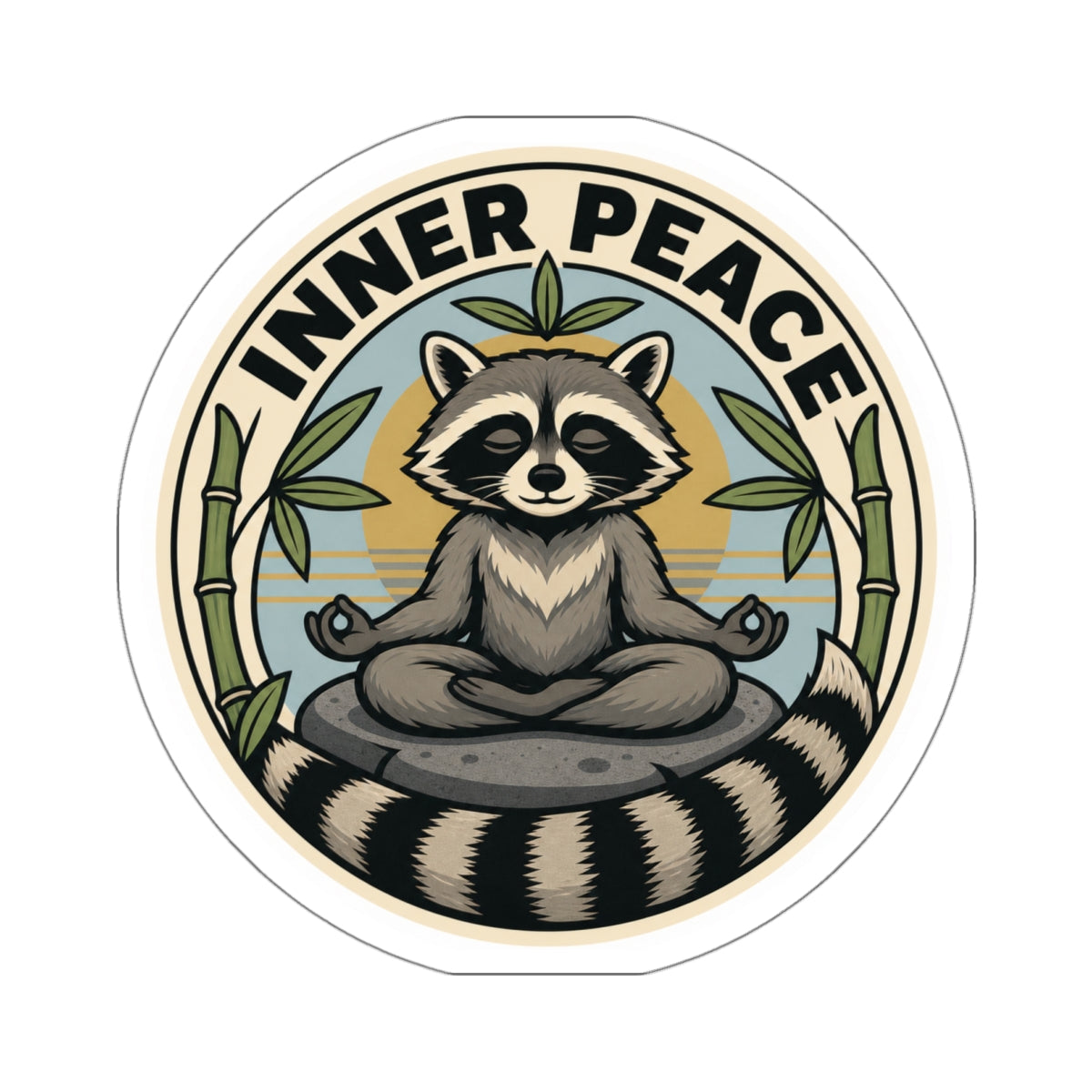 Inner Peace badge sticker: a die-cut weatherproof zen raccoon vinyl decal