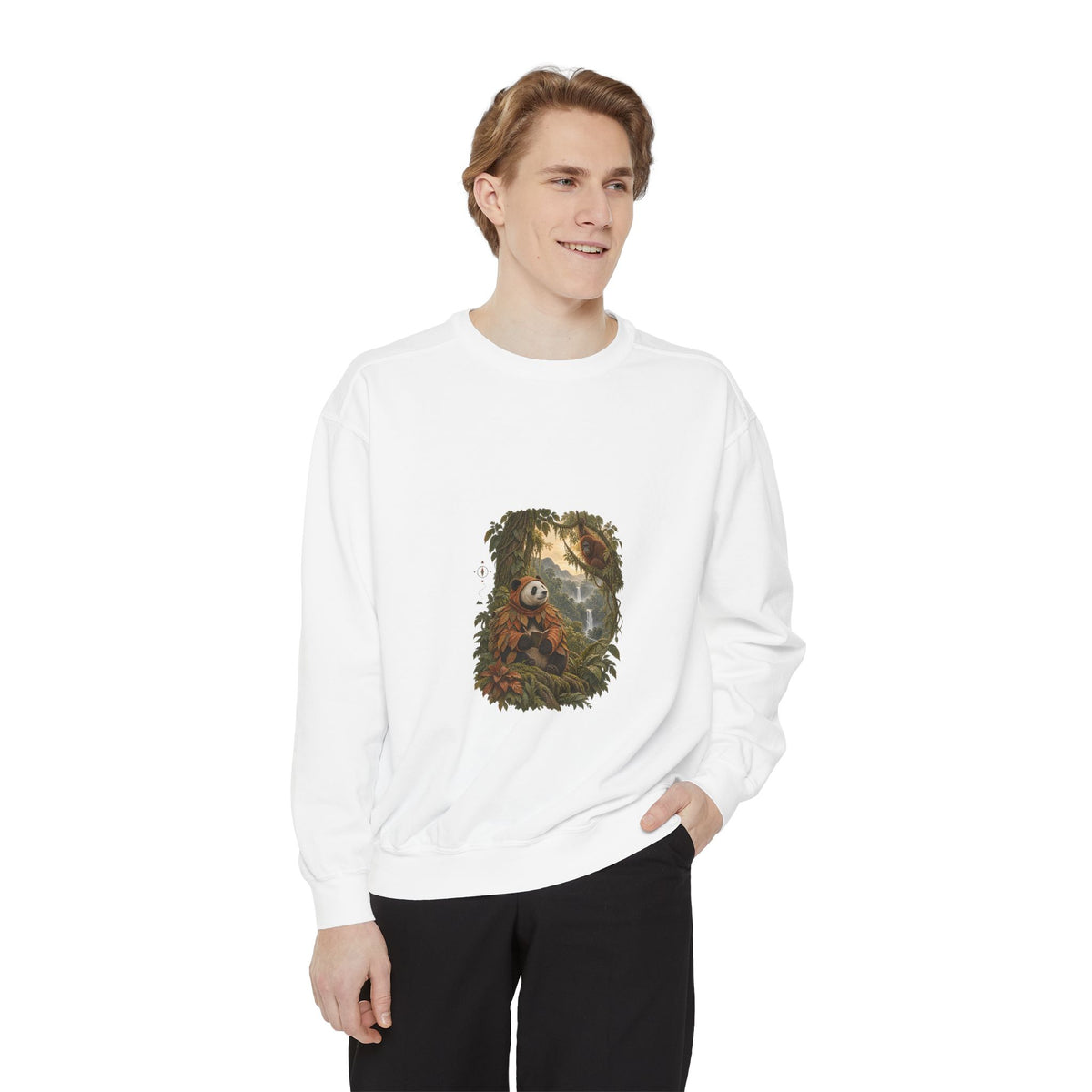 Model wearing the white Canopy Is Not a Hallway sweatshirt with its centered rainforest chest print.