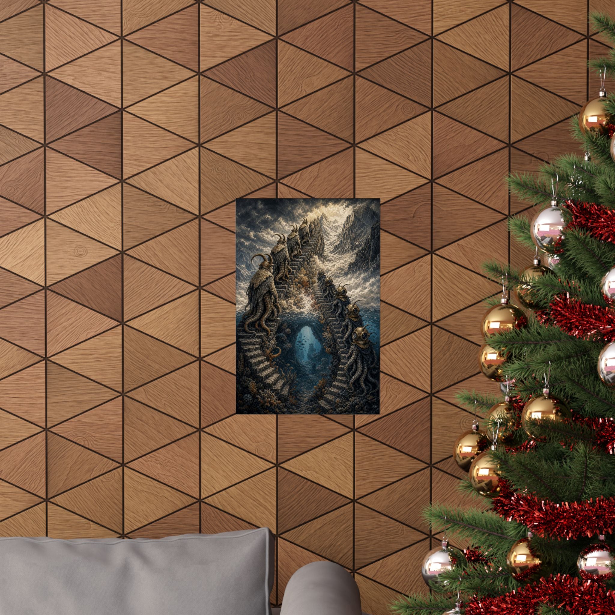 Octopus mountain climbing poster shown in an interior setting