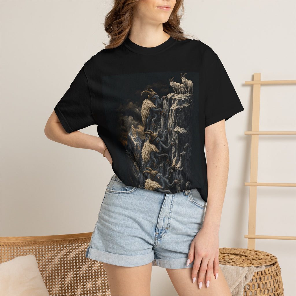 Octopus and mountain goat design on a black unisex tee, Wrong Habitat