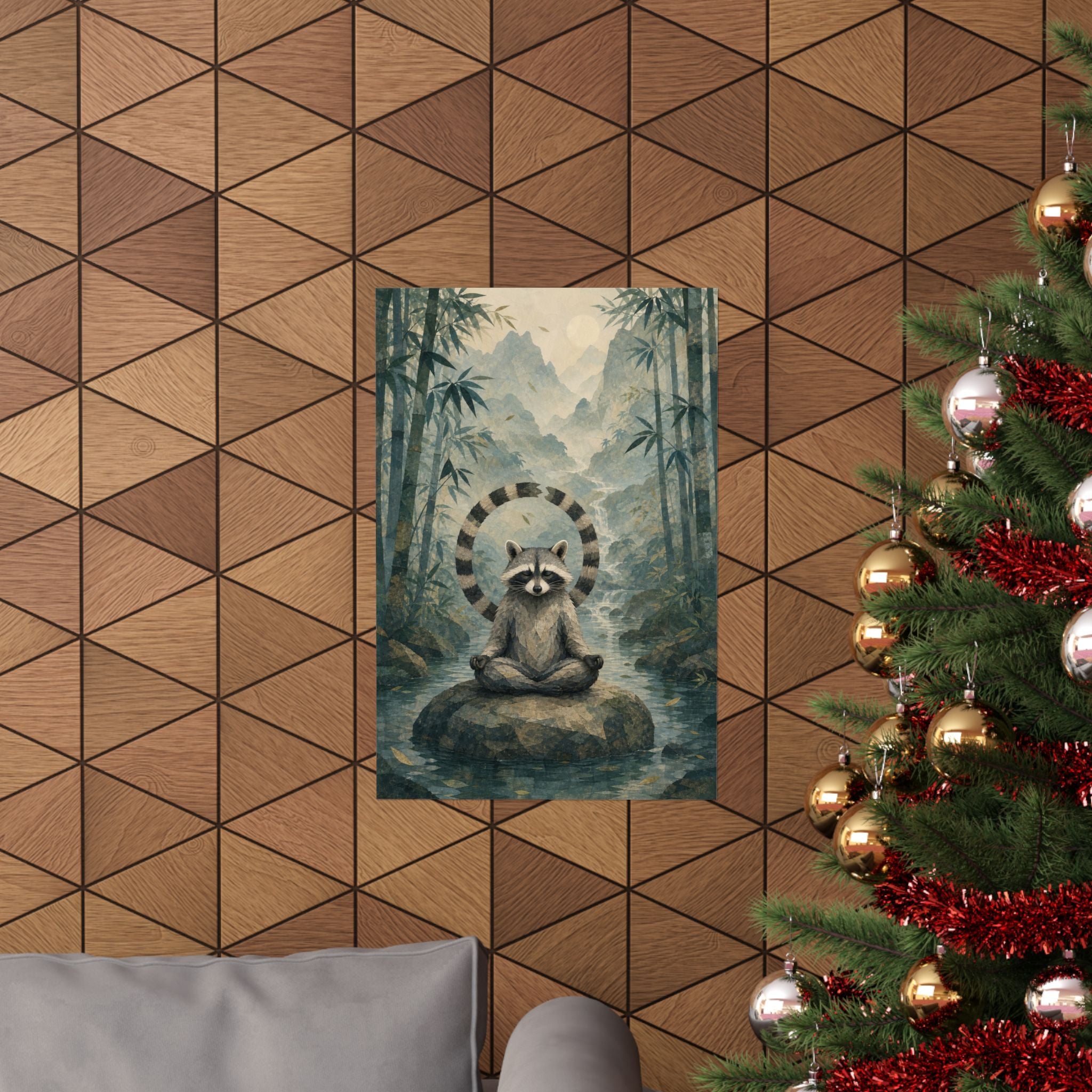 Meditating zen raccoon bamboo matte art print, Wrong Habitat — additional product view 2