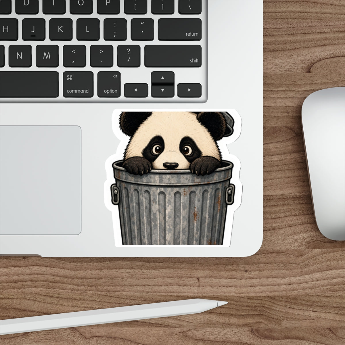 Peeking panda trash can die-cut weatherproof vinyl sticker, Wrong Habitat — additional product view 1